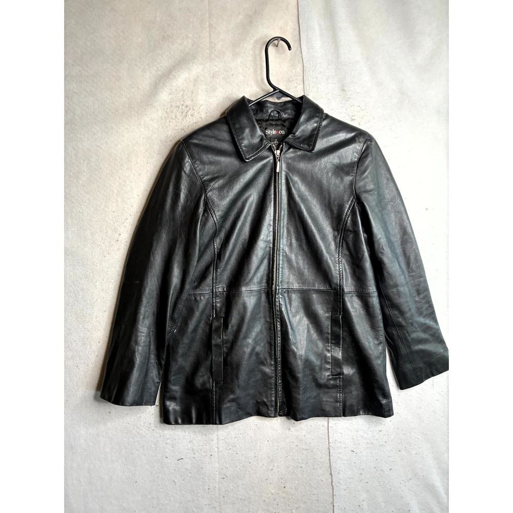 Style & Co. Leather Jacket Men's Medium Black Lined Pockets Long Sleeve Full Zip